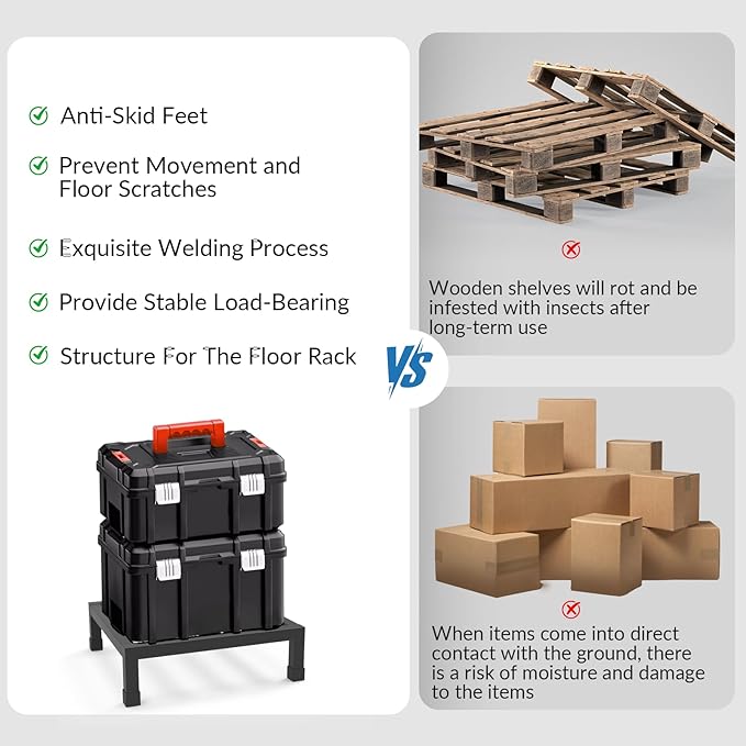 4 Pack Dunnage Rack 13.8'' x 13.8'' x 3.9'' 1000+ Pound Capacity Assembly-Free Metal Pallet Rack Off-The-Ground Storage Rack in Restaurant Kitchens and Garages and More