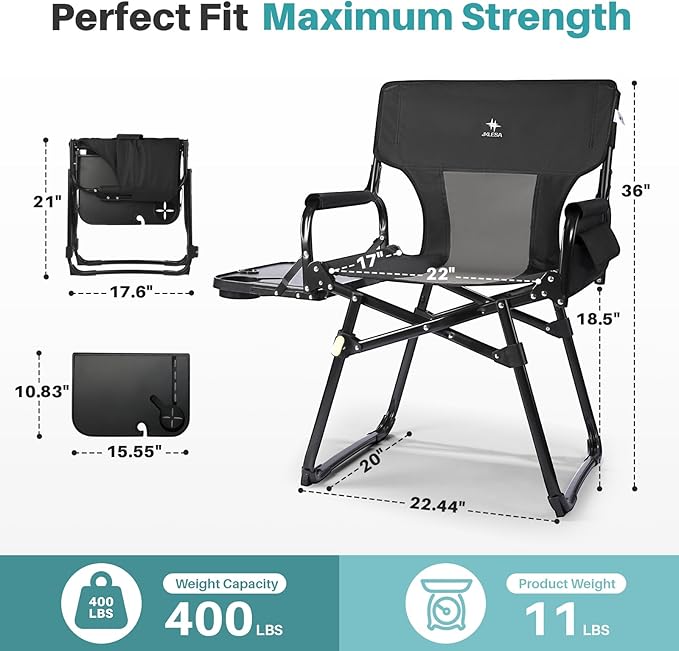 Heavy-Duty Camping Director’s Chair with Side Table 400lb Capacity 600D Oxford Quick Setup Smart Storage &amp Ergonomic Comfort Durable Steel Frame for Camping BBQs &amp Sports Events Black