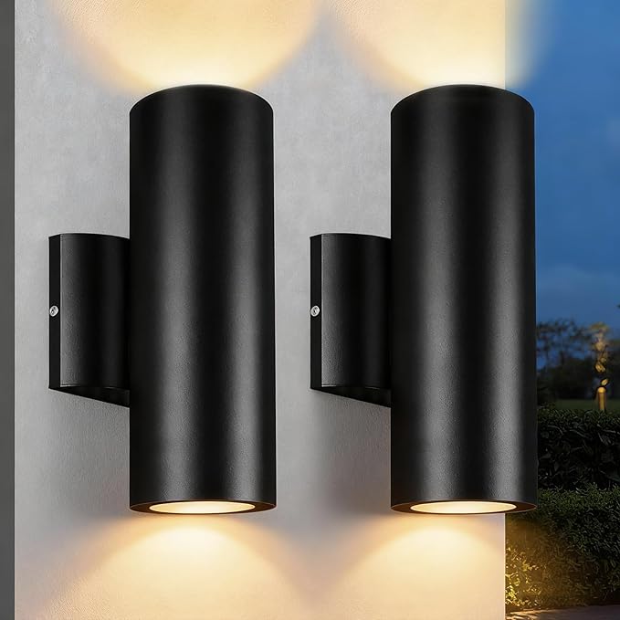 JO.KO Up Down Lights Outdoor Cylinder Wall Lights 10.24 2 Pack 2700K Warm White Porch Light in 2 Lights Matte Black Waterproof Wall Sconce Aluminum Exterior Light Fixture Wall Mount