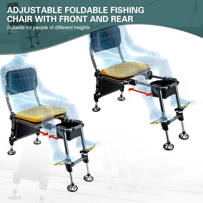 Upgraded All Terrain Foldable Fishing ChairU-Shaped Adaptive Design Adult Fishing Chair with FootrestOutdoor Camping Chair with Legs Adjustable (Yellow)