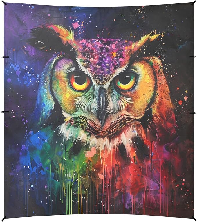 ALAZA Owl Portrait Rainbow Color Beach Tent Sun Shelter UPF50+ Protection Beach Shade Canopy w/ 4 Sandbags for Outdoor Camping Fishing Backyard Fun Picnic 10x9 ft