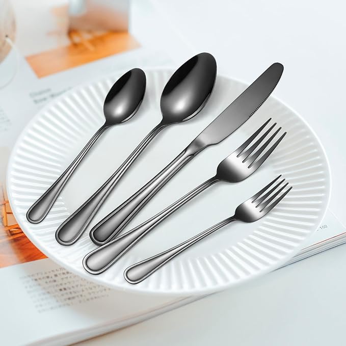 20 Pieces Black Flatware Set for 4 Silverware Stainless Steel Cutlery Luxury Forks Knives Spoons Modern Eating Utensils Double Line Edges Handle