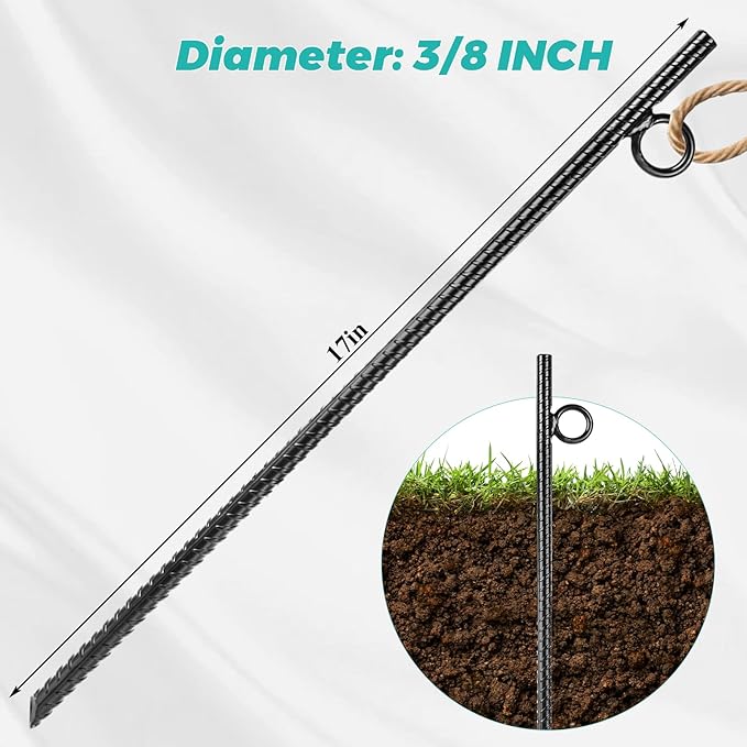 12 Pack 17 Inch Rebar Stakes Heavy Duty Ground Anchors with Loop 3/8 Thick Black Steel Tent Stakes for Trampoline Fencing Camping &amp Trees Rust Resistant Metal Spikes