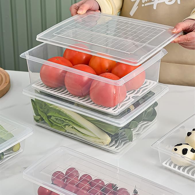 Food Storage Container Plastic Food Containers with Removable Drain Plate and Lid Stackable Portable Freezer Storage Containers - Tray to Keep Fruits Vegetables Meat (X-Large(4PCS))