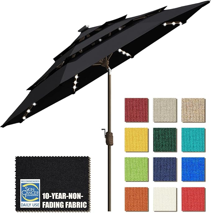 EliteShade USA 10-Year-Non-Fading Solar 9ft 3 Tiers Market Umbrella with 80 LED Lights Patio Umbrellas Outdoor Table with VentilationBlack