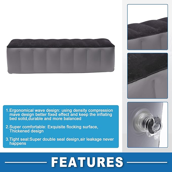 Car Air Inflation Mattress 51.18x11.02x16.54 Comfortable Rear Seat Air Travel Bed Car Sleeping Mat for Napping Travel Black Gray