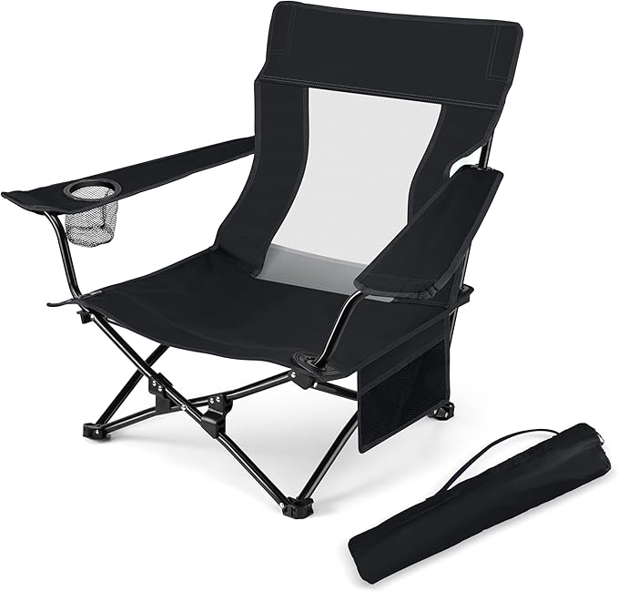 HaSteeL Folding Beach Chair Foldable Black Camping Chairs for Outside Low Beach Chair Portable for Adults Fishing Picnic Outdoor BBQ Travel Sports Cup Holder &amp Storage Bag