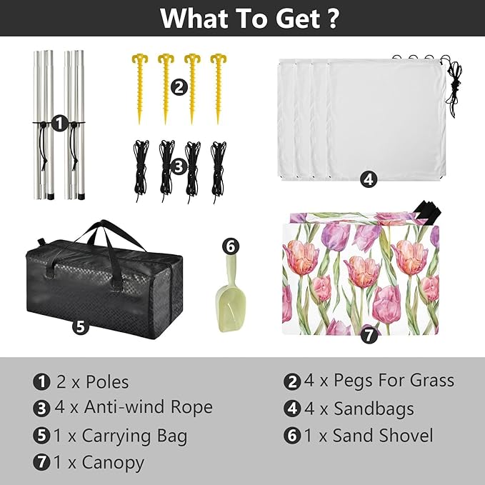 ALAZA Tulip Flower Floral Watercolor Beach Tent Sun Shelter UPF50+ Protection Beach Shade Canopy w/ 4 Sandbags for Outdoor Camping Fishing Backyard Fun Picnic 10x9 ft