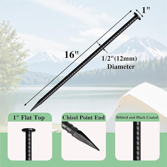 16 Inch Rebar Stakes 10 Pack Heavy Duty Ground Anchors 1/2 Inch Diameter Galvanized Steel Asphalt Anchoring Metal Spikes for Speed Bump Parking Curb and Camping Tent
