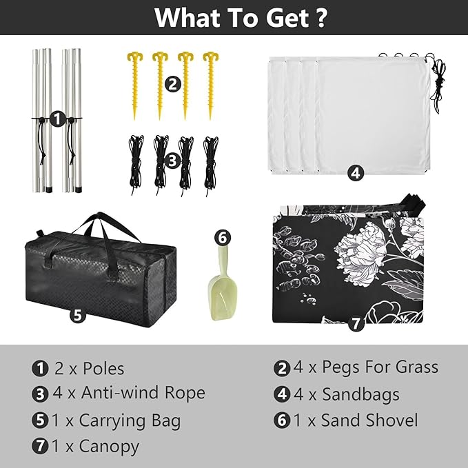 White Flowers Black Beach Tent Sun Shelter 9.2' x 10.5' Beach Canopy with 4 Sandbags 4 Stability Poles Sand Shovels - Tent Canopy for Beach Camping Fishing Picnics