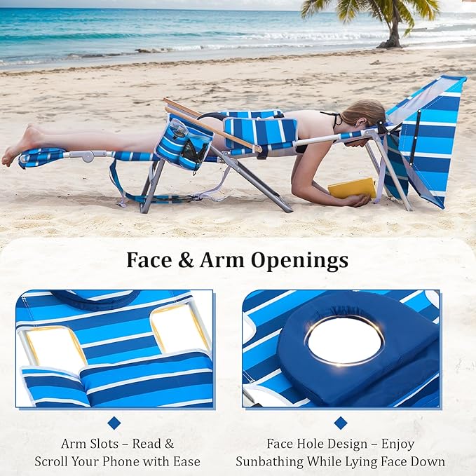70'' Extra Long Beach Lounge Chair Tanning Chair with Canopy &amp Face Holes &amp Arm Holes &amp Storage Pocket Foldable Recliner with Carry Strap (1 Navy Stripe)