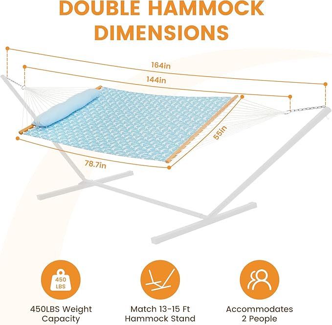 Lazy Daze Hammocks 12FT Quilted Fabric Hammock with Soft Pillow Double 2 Person Tree Hammock with Spreader Bar for Outside Patio Poolside Backyard Beach 450 lbs Capacity Coastal Floral