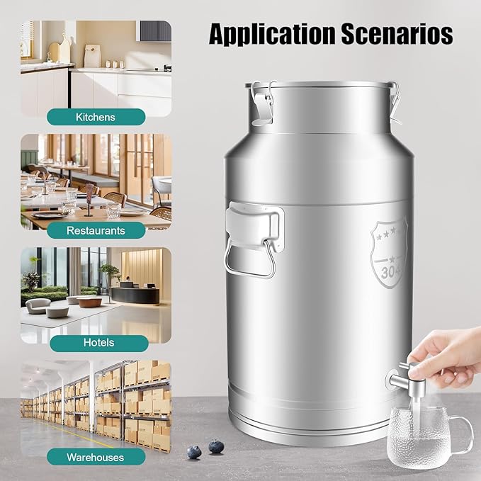 35L Stainless Steel Milk Can Heavy Duty Food Storage &amp Transport Container for Dairy Wine Grains Ideal for Home Farm &amp Commercial Use With a Faucet