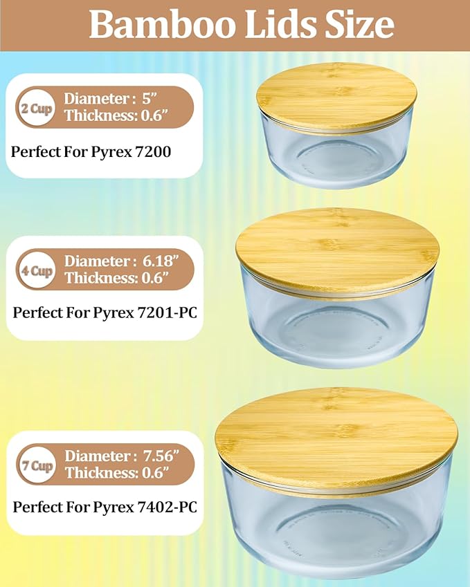 Replacement Wooden Lids for Pyrex Anchor Hocking Glass Containers 7200 * 2 7201-PC*2 7402-PC*2 Bamboo Lids for Pyrex 2Cup 4Cup 7Cup Glass Bowls Bowl Covers 6 Pack