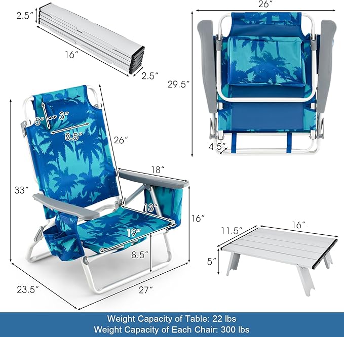 GYMAX Beach Chairs Backpack Camping Chair with Armrest Cooler Bag Cup Holder Towel Bar &amp Side Pockets Sunbath Sling Tanning Lounge Folding Layout Chair (with Table Coconut Tree)