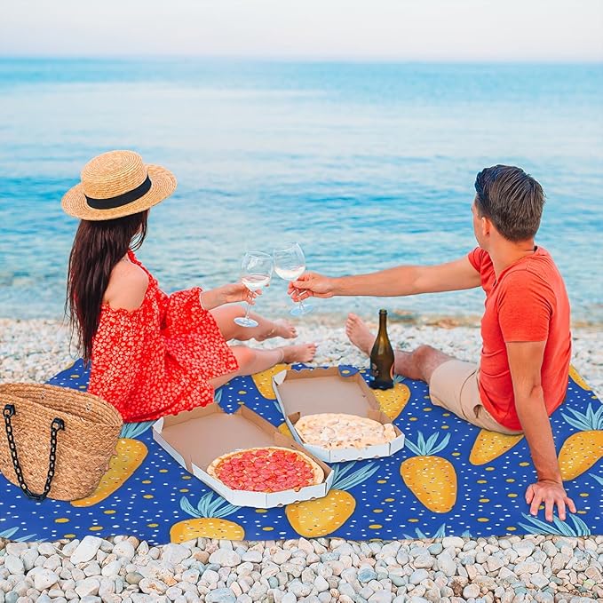 Waterproof Sandproof Beach Blanket 59''×68'' Star Carrots Polyester Outdoor Picnic Blanket with 4 Stakes &amp Storage Bag for BeachCampingVacation Blue