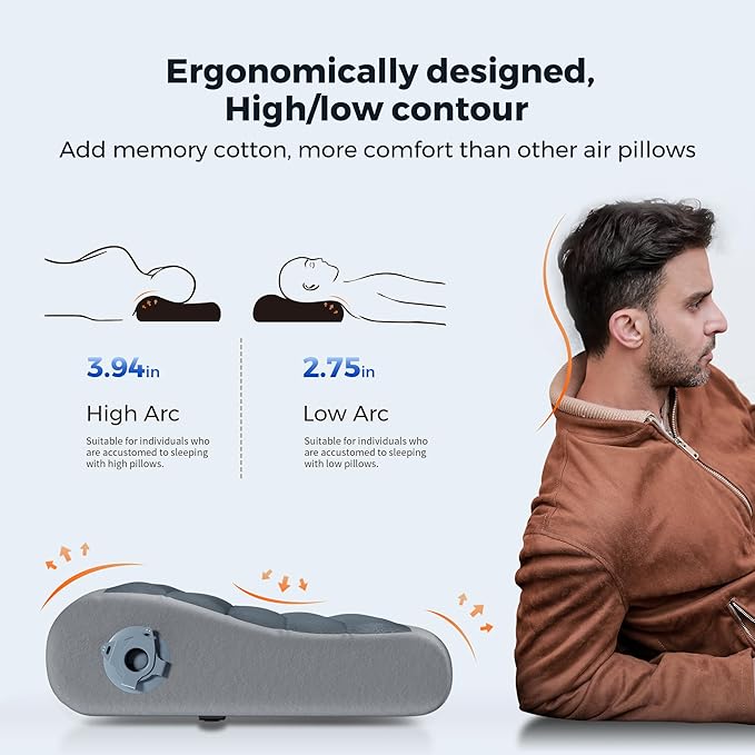 FLEXTAILGEAR Inflatable Camping Pillow Ergonomic Travel Pillow Backpacking Gear with Washable Removable Cover Separate TPU Bladder for Camp Hiking Airplane Road Trip Office
