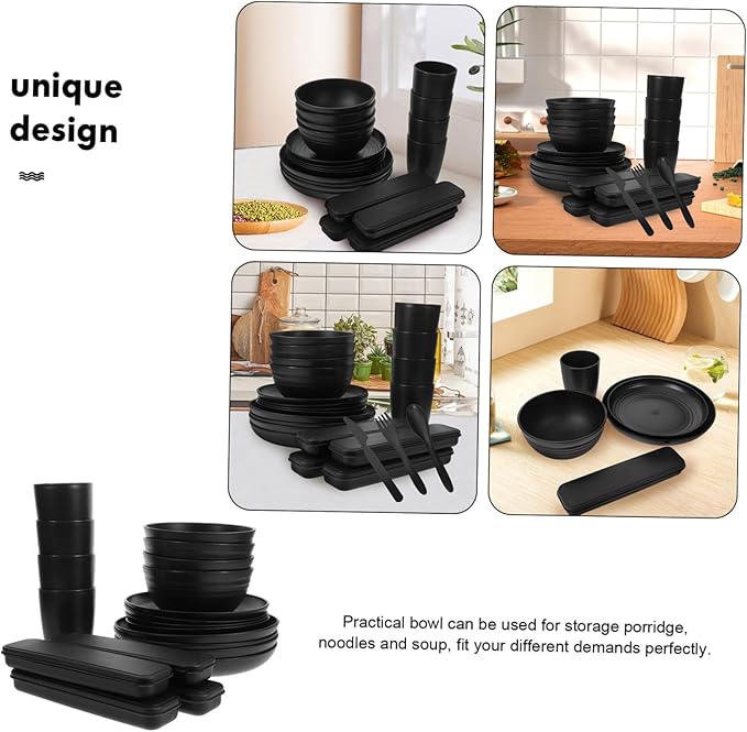 4sets Black Camping Dishes Utensil Picnic Lunch Box Fork Spoon Knife Bowl Cup Reusable Easy Clean Fine Dining