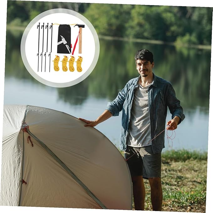 Camping Peg Hammer Set with Wood Handle and Steel Head Multifunction Tent Stake Tool Kit for Ground Nail Fixing and Outdoor Shelter Setup