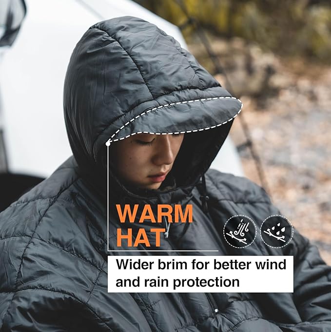 ONETIGRIS Camping Blanket Poncho with with Recycled Synthetic InsulationWearable Hoodie Blanket | Ultralight Water-Resistant Warm Camping Blanket for Outdoor Hiking Stadium