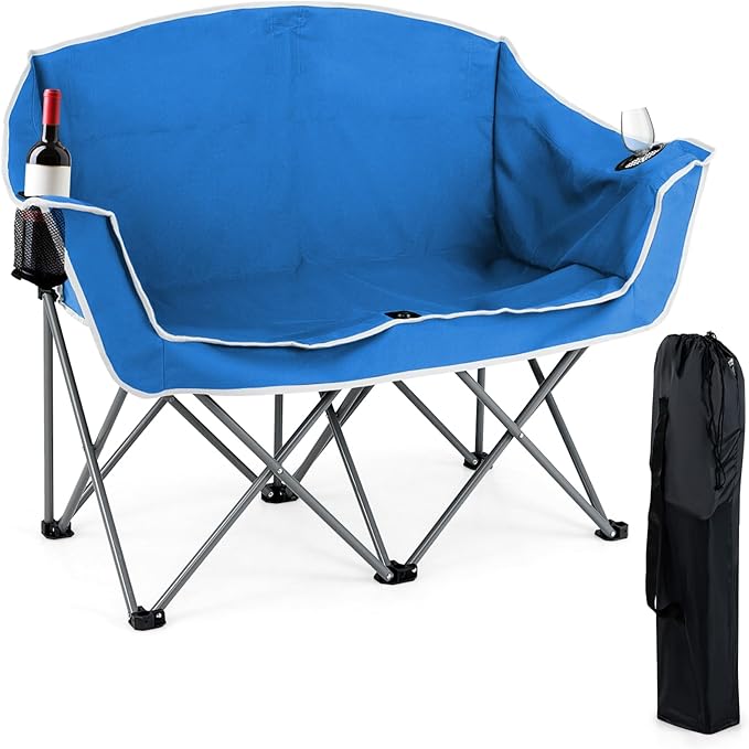 Goplus Double Camping Chair Folding 2-Person Couch w/2 Cup Holders Dual Back Pockets Heavy-Duty Metal Frame Oversized Duo Lawn Chair for Adults Perfect for Backyard Patio(Blue)