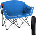 Goplus Double Camping Chair Folding 2-Person Couch w/2 Cup Holders Dual Back Pockets Heavy-Duty Metal Frame Oversized Duo Lawn Chair for Adults Perfect for Backyard Patio(Blue)