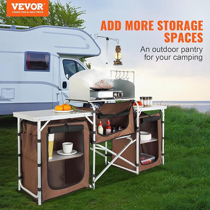 VEVOR Camping Kitchen Table Folding Outdoor Cooking Table with Storage Carrying Bag Aluminum Cook Station 3 Cupboard &amp Detachable Windscreen Quick Set-up for Picnics BBQ RV Traveling Brown