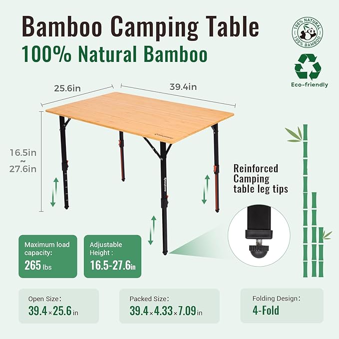 KingCamp 4-Fold Bamboo Camping Table with Serrated Adjustable Legs (16.5 to 27.6) Heavy-Duty Aluminum Frame &amp Carry Bag for Outdoor RV Picnic Beach