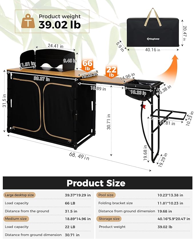 KingCamp Bamboo Camp Kitchen Station Folding Overland Camping Kitchen Table Hooks Portable Outdoor Cooking with Adjustable Lantern Pole &amp Windshield Storage Organizer for Tailgating BBQ Picnic RV