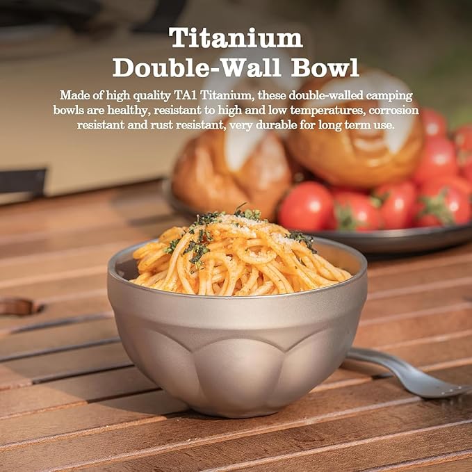 500ml Titanium Double Wall Bowl Ultralight Unbreakable Camping Tableware for Outdoor Hiking Picnic Backpacking Dishwasher Safe (Lotus Bowl)