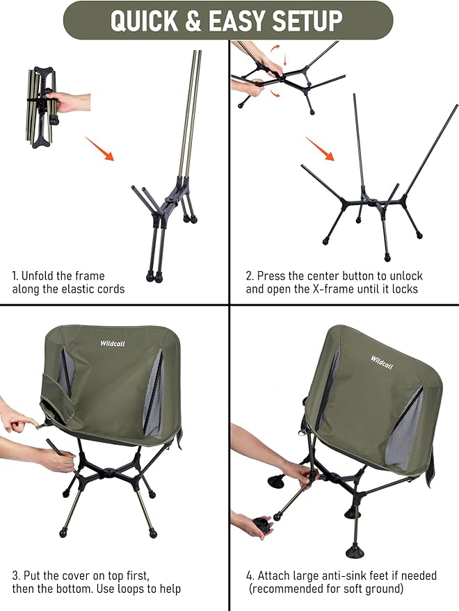 WildCall Ultralight Compact Camping Chair Quick Setup Frame Beach Chair with Anti-Sink Large Feet
