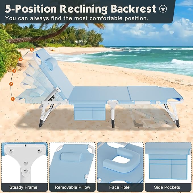 MOPHOTO Portable Folding Camping Cot with Mattress Adjustable Face Down Tanning Chaise Lounge Chair Folding Bed Sleeping Cots Beds for Adults Use for Outdoor Travel Camp Beach Patio