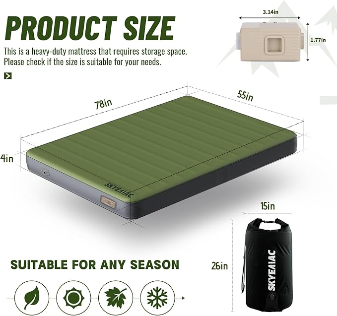 SKYEMAC Self-Inflating Memory Foam Sleeping Pad with Built-in Pump - R-Value 13 Full Size (78 L x 55 W x 4 TH) - Thick Camping Mattress for Car Camping and Family Use - Comfortable &amp Durable