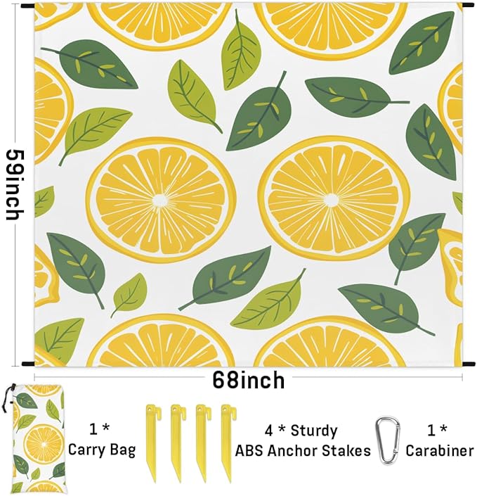 Waterproof Sandproof Beach Blanket 59''×68'' Lemon Slices Polyester Outdoor Picnic Blanket with 4 Stakes &amp Storage Bag for BeachCampingVacation Melon Yellow