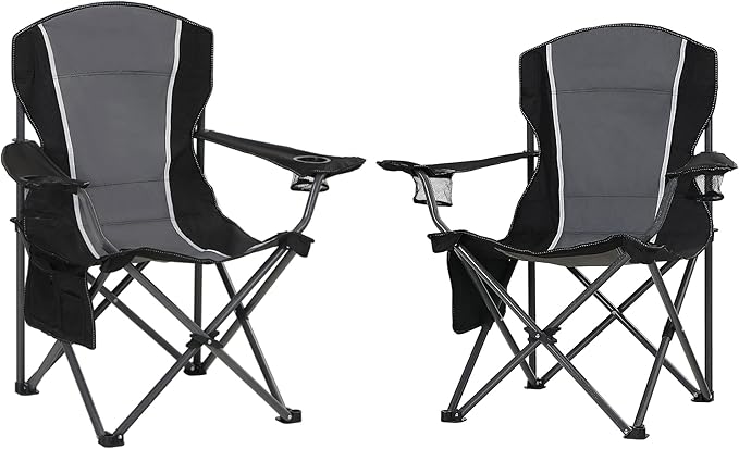HIGH POINT SPORTS Oversized Camping Folding Chair Heavy Duty Outdoor Chair with Armrest Portable Lawn Chair with Cup Holder for Adults Support 350 LBS 2 Pack Gray-Black