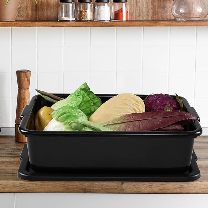 Taysisiter 13 L Plastic Commercial Bus Tub with Lid Restaurant Bus Bin Black 3 Packs