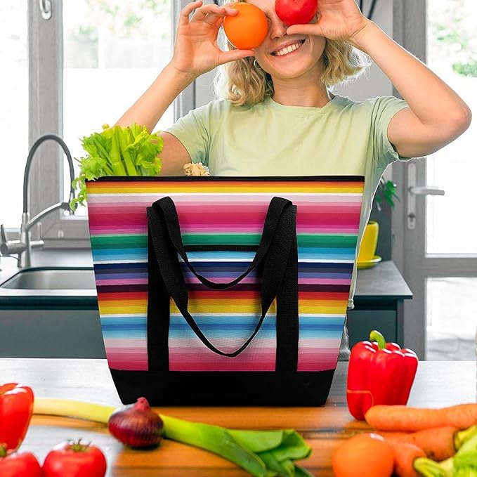 Insulated Shopping BagLarge Reusable Cooler Bags Colorful Mexican Stripes Printed Foldable Shopping BagTravel Waterproof Shoulder Bag