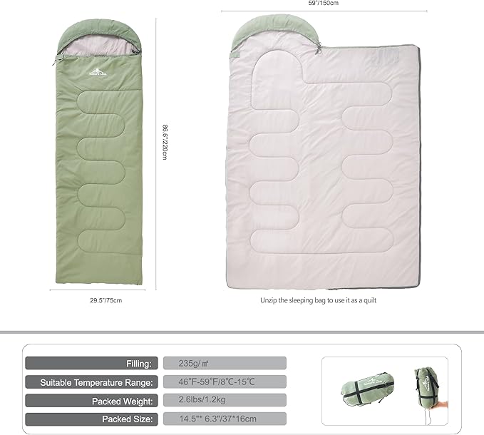 Lightweight Sleeping Bag 2.43lbs Backpacking Sleeping Bag 46℉-59℉ Nylon Shell and Lining Waterproof Compact Ultralight Sleeping Bag for Backpacking Camping Hiking