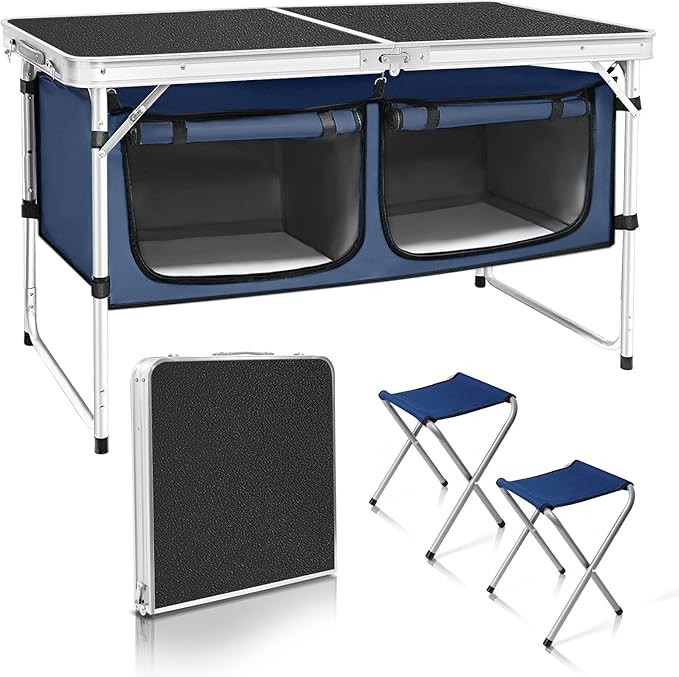 CampLand Outdoor Folding Table Aluminum Lightweight Height Adjustable with Storage Organizer for BBQ Party Camping