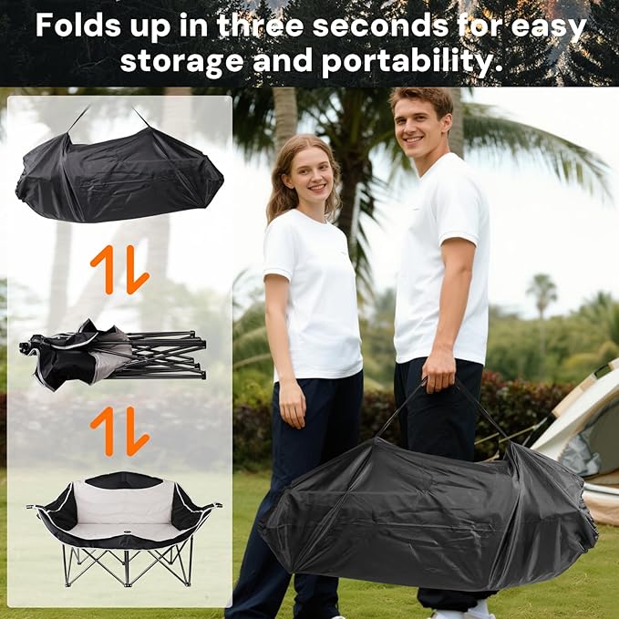 Double Camping Chair Adults Oversized Padded Camping Chair Outdoor Folding Chair loveseat Camping Chair with Cup Holders Outdoor Lawn Backyard (Black/Grey)