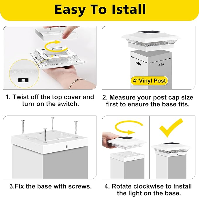 T-SUN 4x4 Solar Post Cap Lights Outdoor 24 Pack Warm White LED Fence Post Solar Lights Fit for 4x4 Vinyl Posts Waterproof Deck Light Solar Powered for Garden Patio Gate Porch
