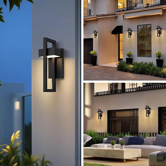 LamQee Outdoor Wall Lights Modern Exterior Lighting Fixtures 3000K Integrated LED Outdoor Wall Sconce Lighting 2 Packs Matte Black Outside Wall Mount Lights for House Front Door Porch Garage Patio