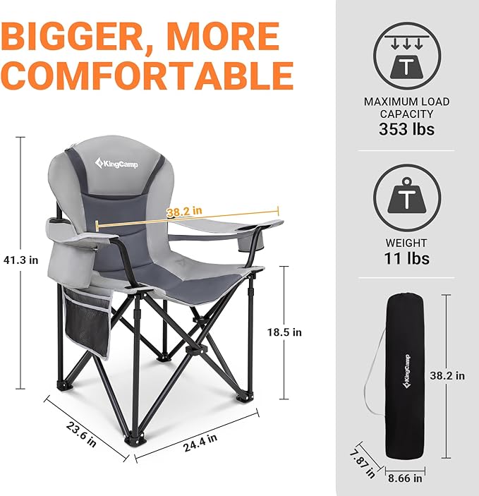 KingCamp Oversized Camping Folding Chair with Lumbar Support Heavy Duty Ergonomic Padded Arm Chair with Cooler Bag Cup Holder Portable for Outdoor