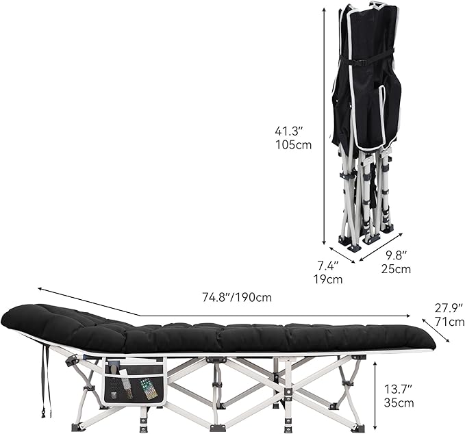 YITAHOME 2 Pcs Camping Cots w/Mattress Portable Lounge Chair Outdoor Folding Cot Heavy Duty 575 LB Capacity 1200D Oxford w/Carry Bag Travel Camp Bed for Camping Office Traveling Black