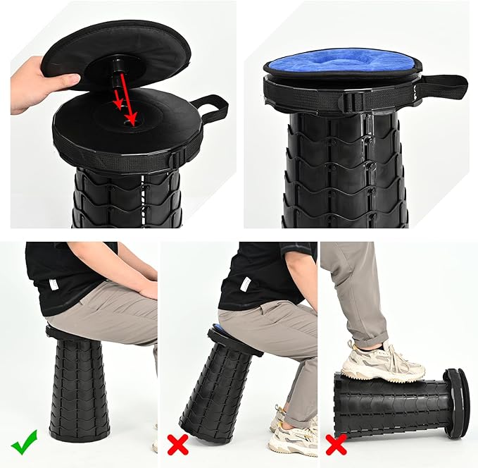 2 Pack Upgraded Collapsible Stool Folding Stool with CushionRetractable Folding Stool Max Load Capacity 400lbs Portable Telescoping Stools for Camping Hiking Outdoor BBQ -Black