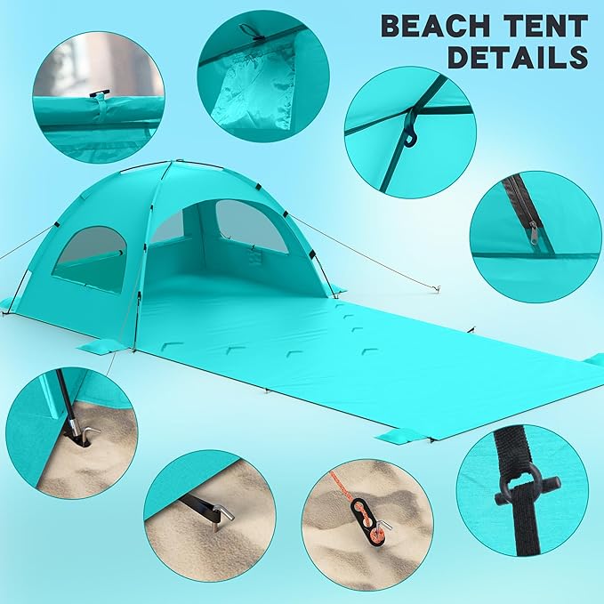 Beach Tent Sun Shelter with Extended Sand Mat 114×82inchUPF 50+ Protection 3 Double-Layer Windows for Enhanced Privacy Portable Beach Shade 3-4 People. Windproof and Waterproof