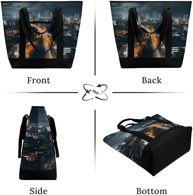 Insulated Shopping BagLarge Reusable Cooler Bags City Night View Printed Foldable Shopping BagTravel Waterproof Shoulder Bag