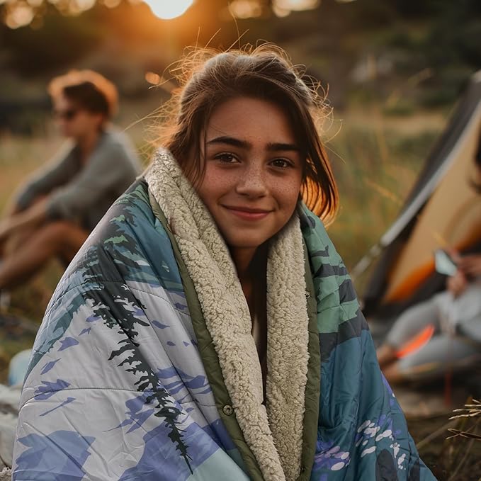 Outdoor Camping Blanket with Sherpa Lining Extra Warm Thick Camp Blankets and Puffy Ultralight Soft Poncho DWR Camping Quilt for Cold Weather Adventure Sleeping Backpacking 78x 56