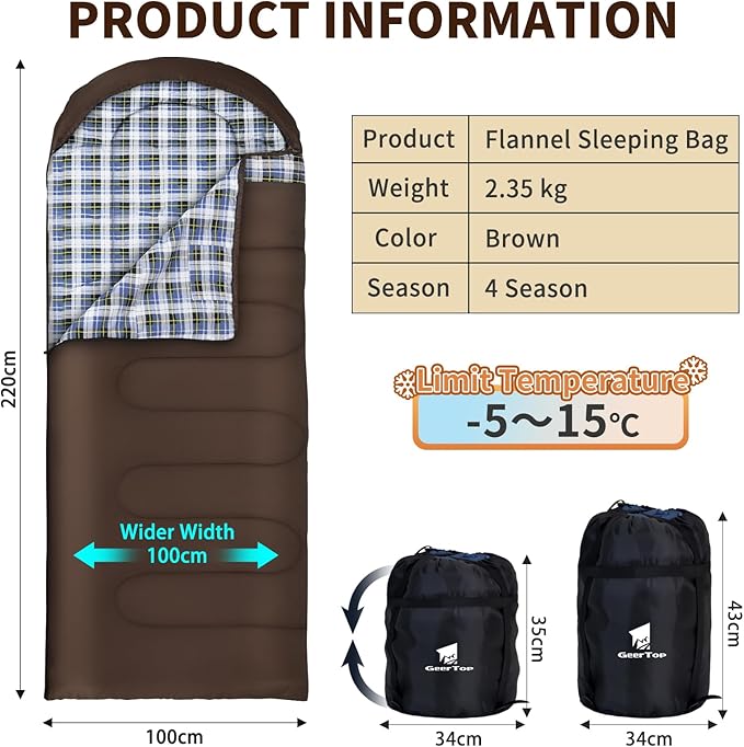 GEERTOP Flannel Sleeping Bags for Adults Big &amp Tall People Portable Cold Weather Envelope XXL All Seasons Camping Sleeping Bag