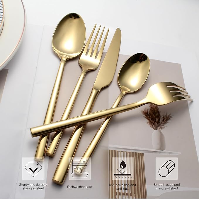 Gold Silverware Set 20-Piece Flatware Cutlery Set Service for 4 Heavy Duty Titanium Coating Modern Design 18/0 Stainless Steel Utensils Dishwasher Safe